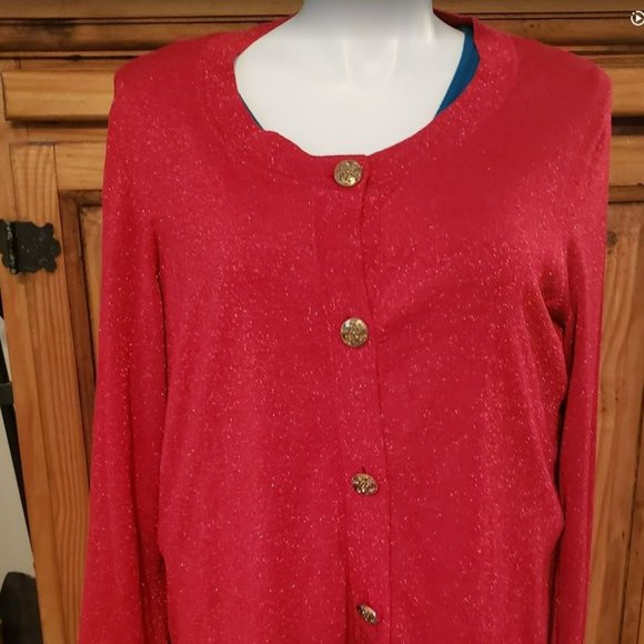 Judith Hart Sweaters - Judith Hart Woman Red Sparkle Metallic Dressy Glitter Cardigan Sweater 2X